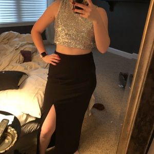 Black and silver Faux 2 piece prom dress